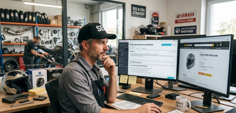 Concessionnaire moto rédigeant une fiche produit technique sur son ordinateur en atelier.