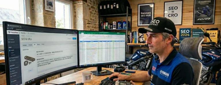 Expert SEO en atelier moto inspectant l'usure d'un kit chaîne avec un pied à coulisse pour rédiger une fiche produit précise sur une boutique de pièces d'occasion