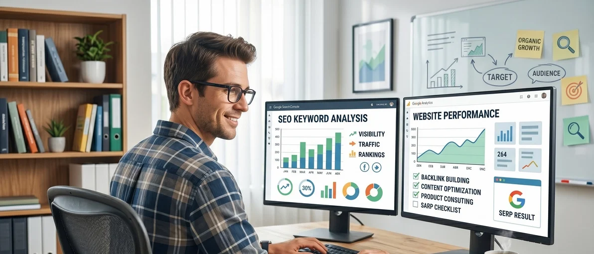 Expert SEO travaillant sur l'analyse de mots-clés et le netlinking pour un site e-commerce sur un double écran