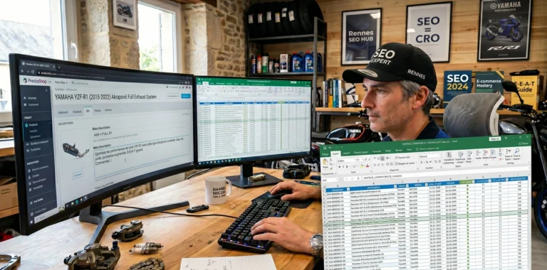 Un expert SEO dans un bureau rempli d'équipements moto, portant une casquette SEO EXPERT RENNES,