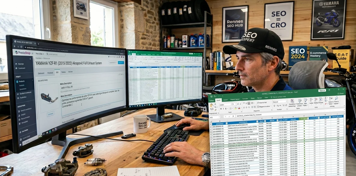 Un expert SEO dans un bureau rempli d'équipements moto, portant une casquette SEO EXPERT RENNES,